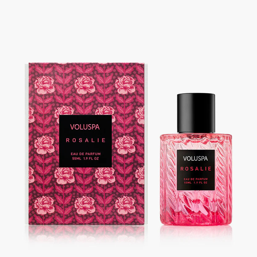 Voluspa Rosalie 55ml Eau De Parfum bottle and floral patterned box.