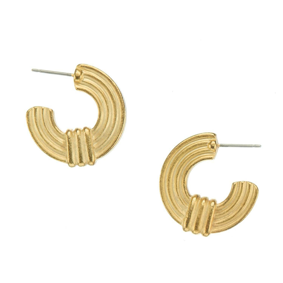 Triple-plated gold hoop earrings with lined detailing and a post back.