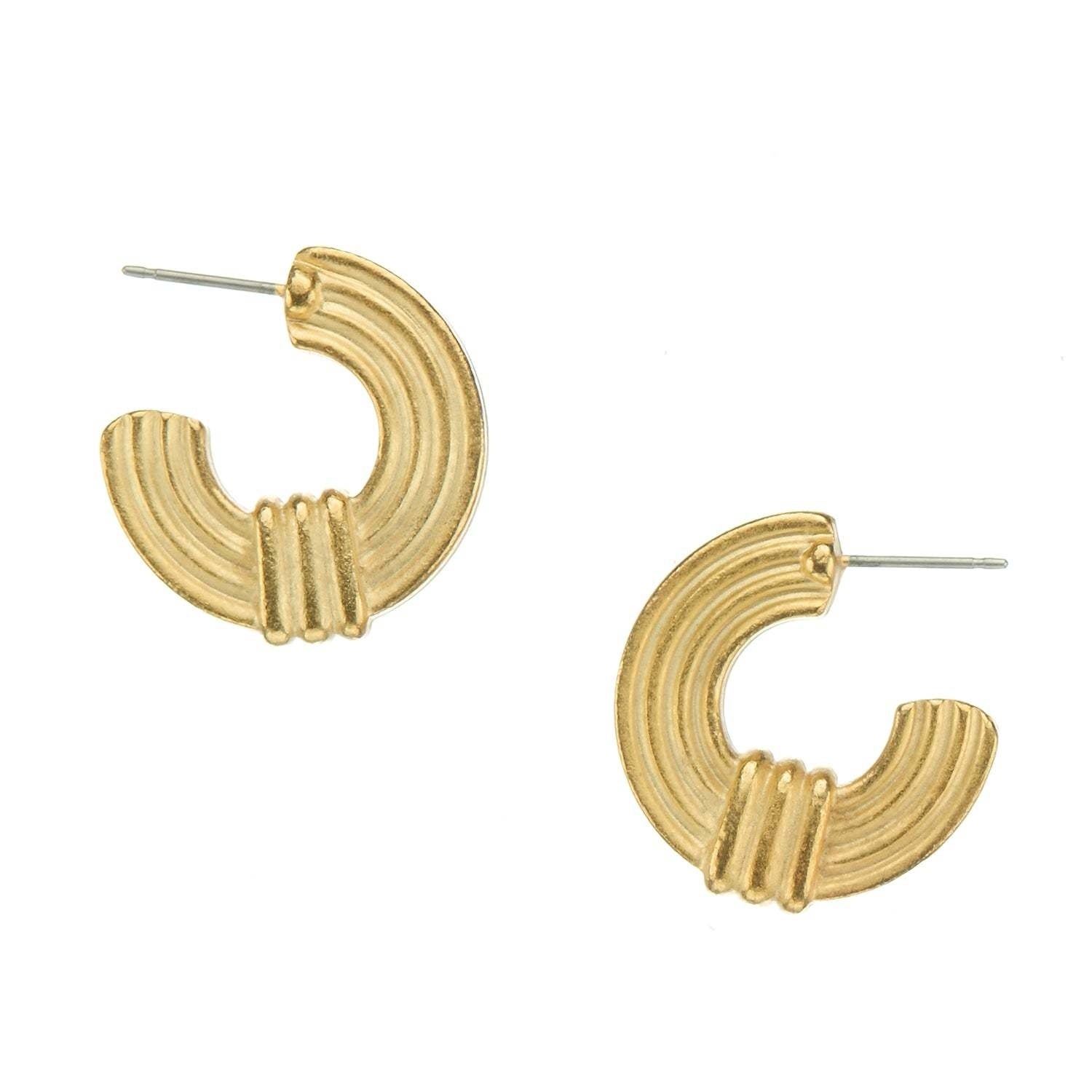 Triple-plated gold hoop earrings with lined detailing and a post back.