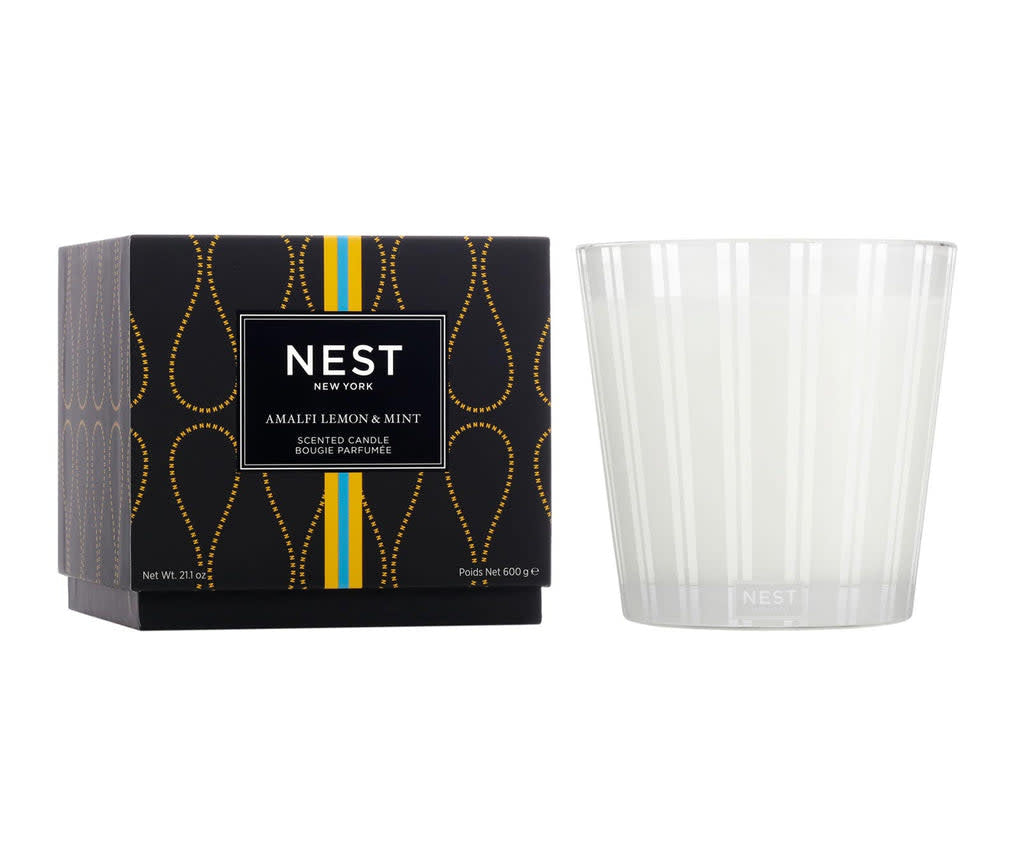 Amalfi Lemon Mint 3-wick candle in a clear glass jar with white wax and three wicks.