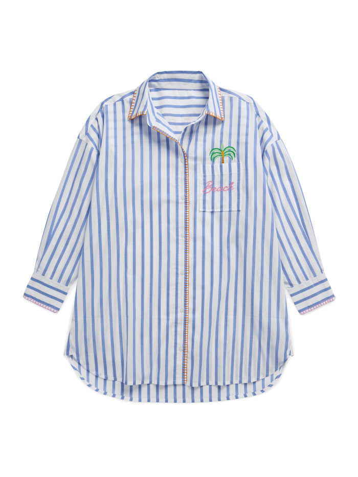 Relaxed-fit cotton cover-up shirt with palm tree embroidery on front and 'Beach' text.