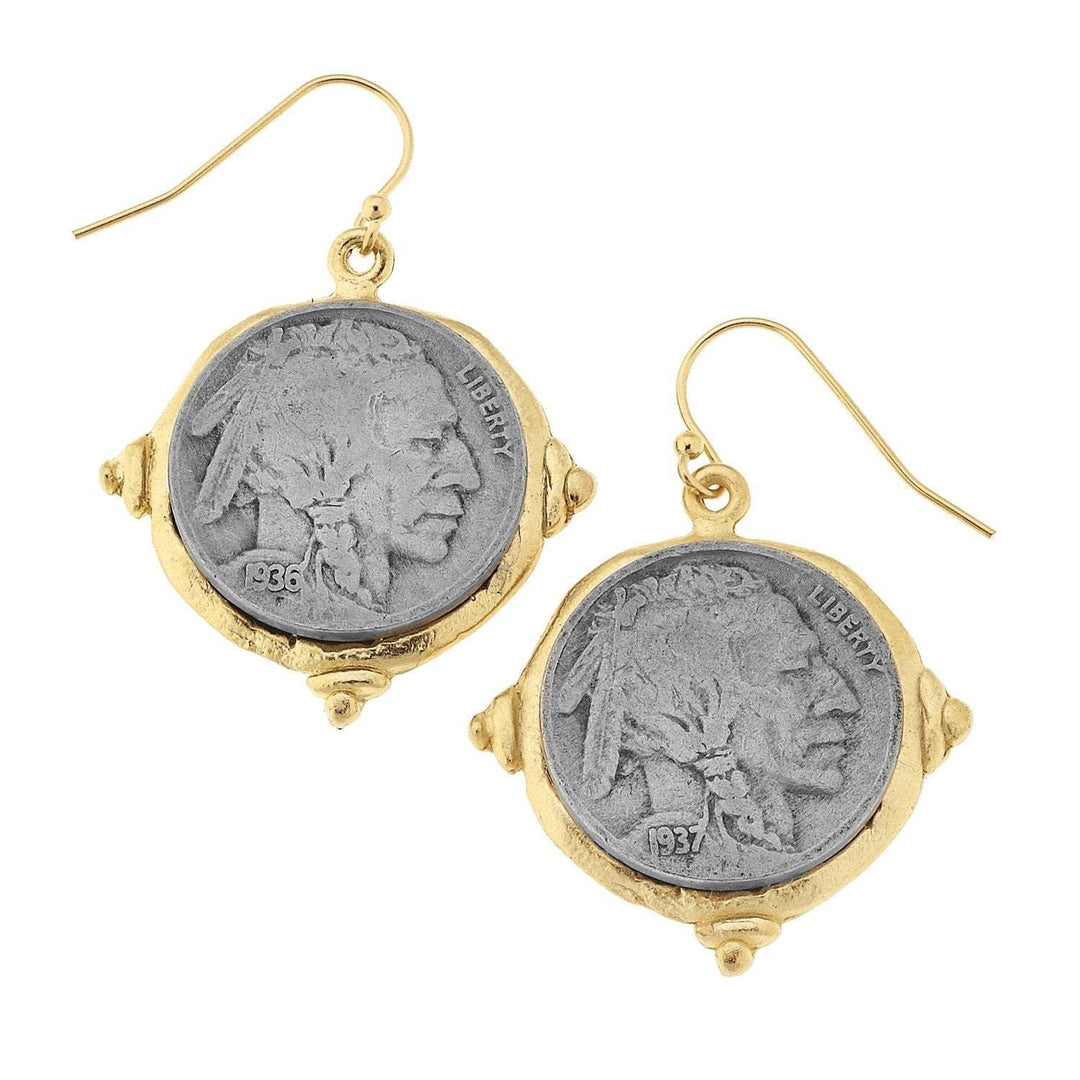Gold-plated stud earrings featuring a vintage American Indian Head Buffalo Nickel coin silhouette.