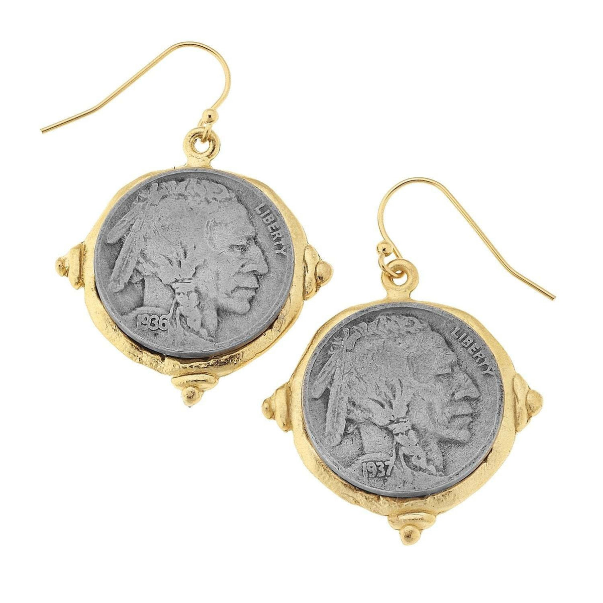 Gold-plated stud earrings featuring a vintage American Indian Head Buffalo Nickel coin silhouette.