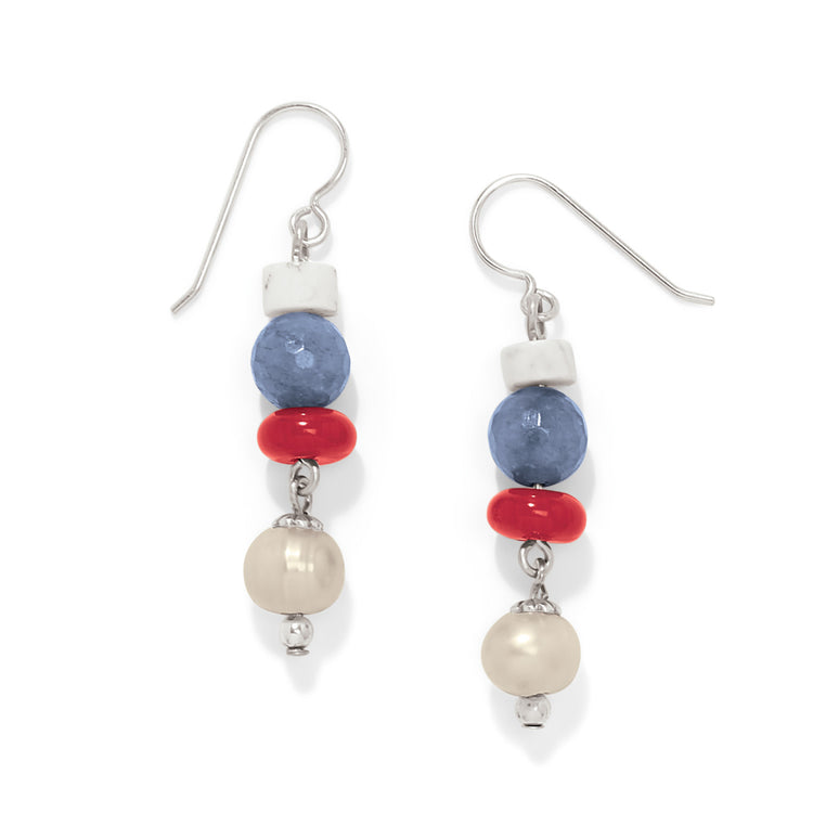 Silver-plated French wire earrings featuring white turquoise howlite, blue aventurine, red-dyed jade bamboo coral, and freshwater potato pearls.