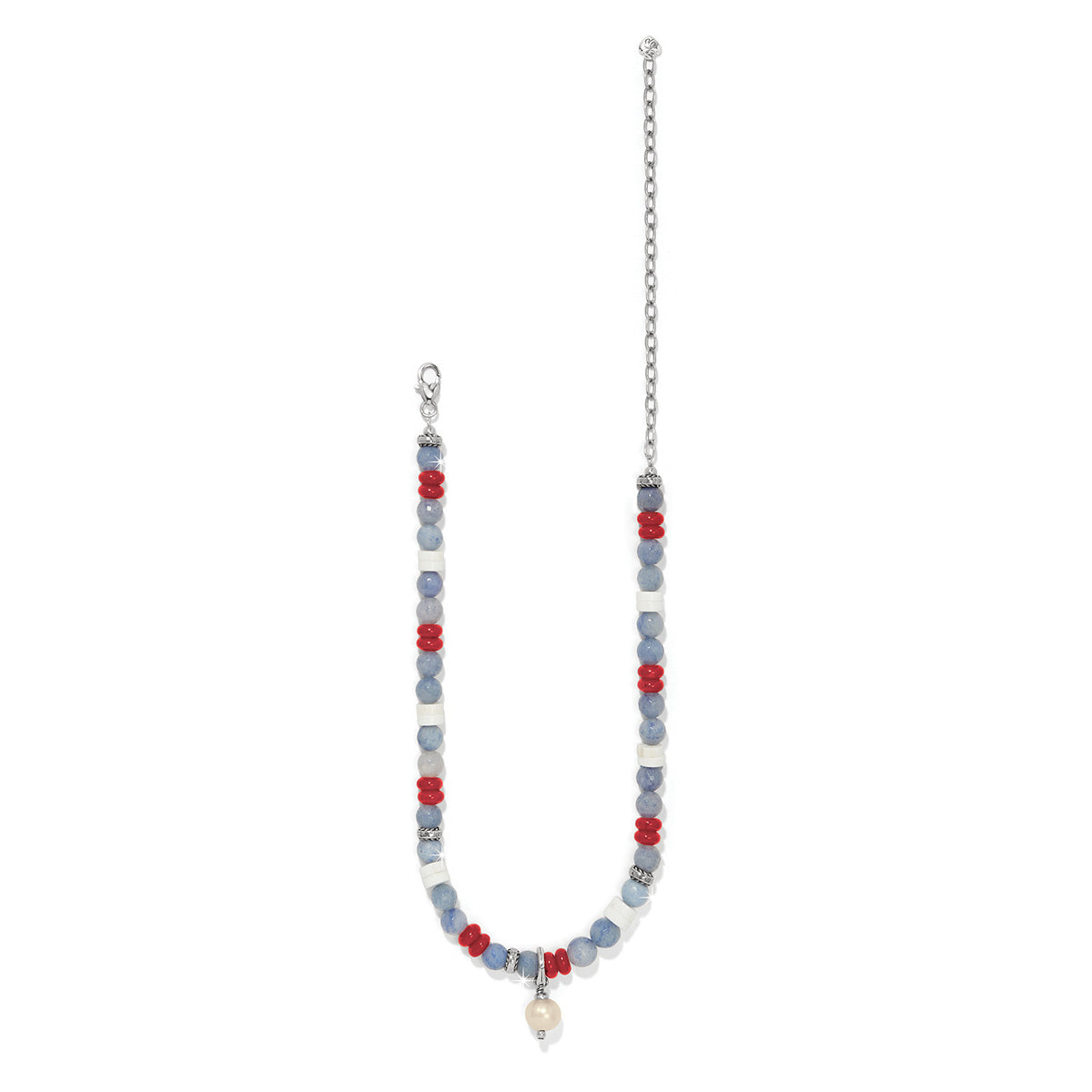 Silver plated necklace with white freshwater pearl pendant featuring red, white, and blue patriotic charms.