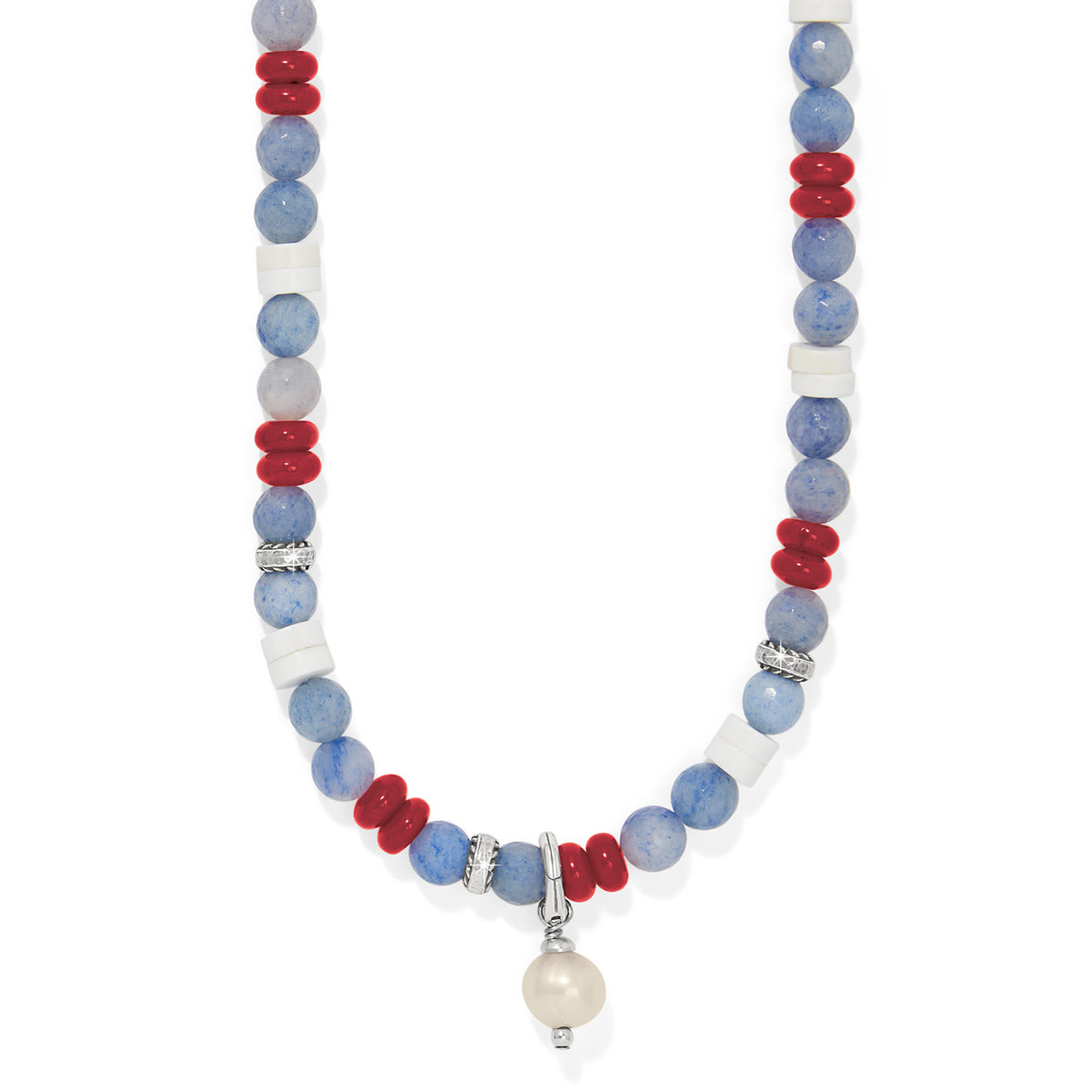 Silver plated necklace with white freshwater pearl pendant featuring red, white, and blue patriotic charms.