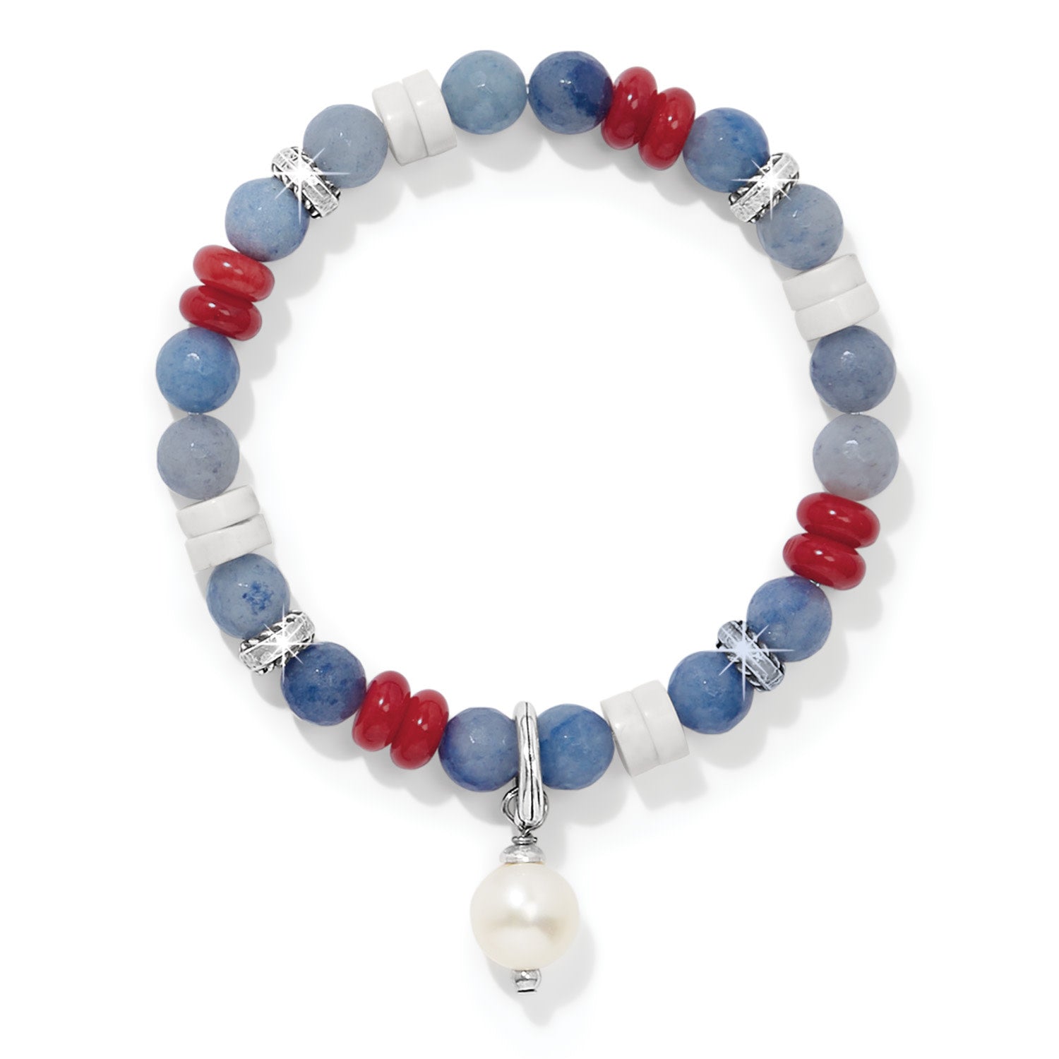 Silver stretch bracelet with white freshwater pearl and red, white, blue Americana charms.