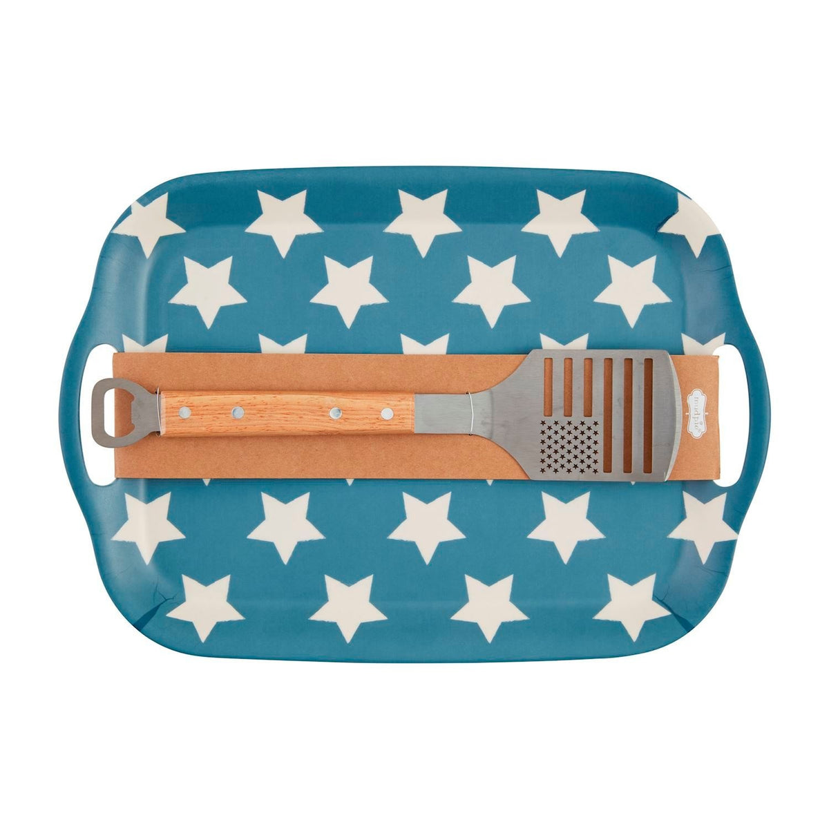 Americana bamboo fiber serving tray with side handles paired with an American flag spatula featuring a bottle opener handle.