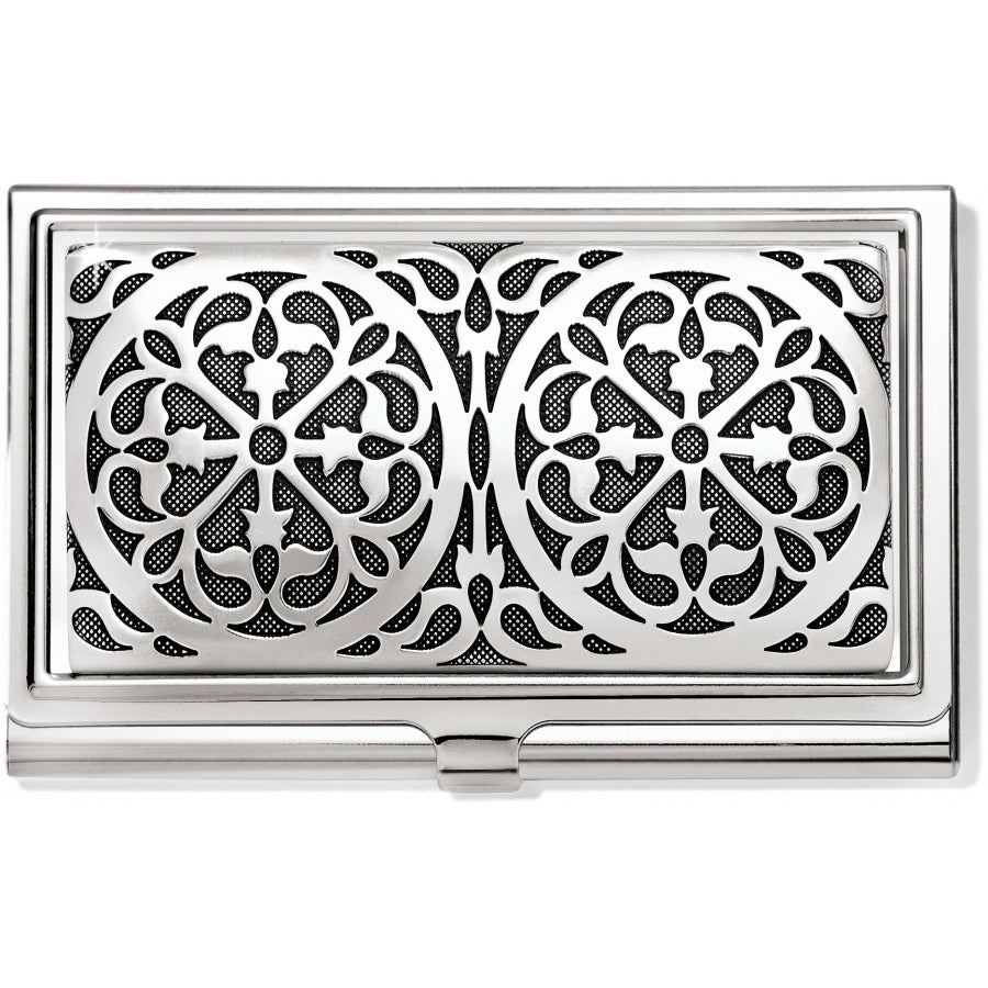 Silver Ferrara Card Case with intricate rose window filigree design and pressure closure.