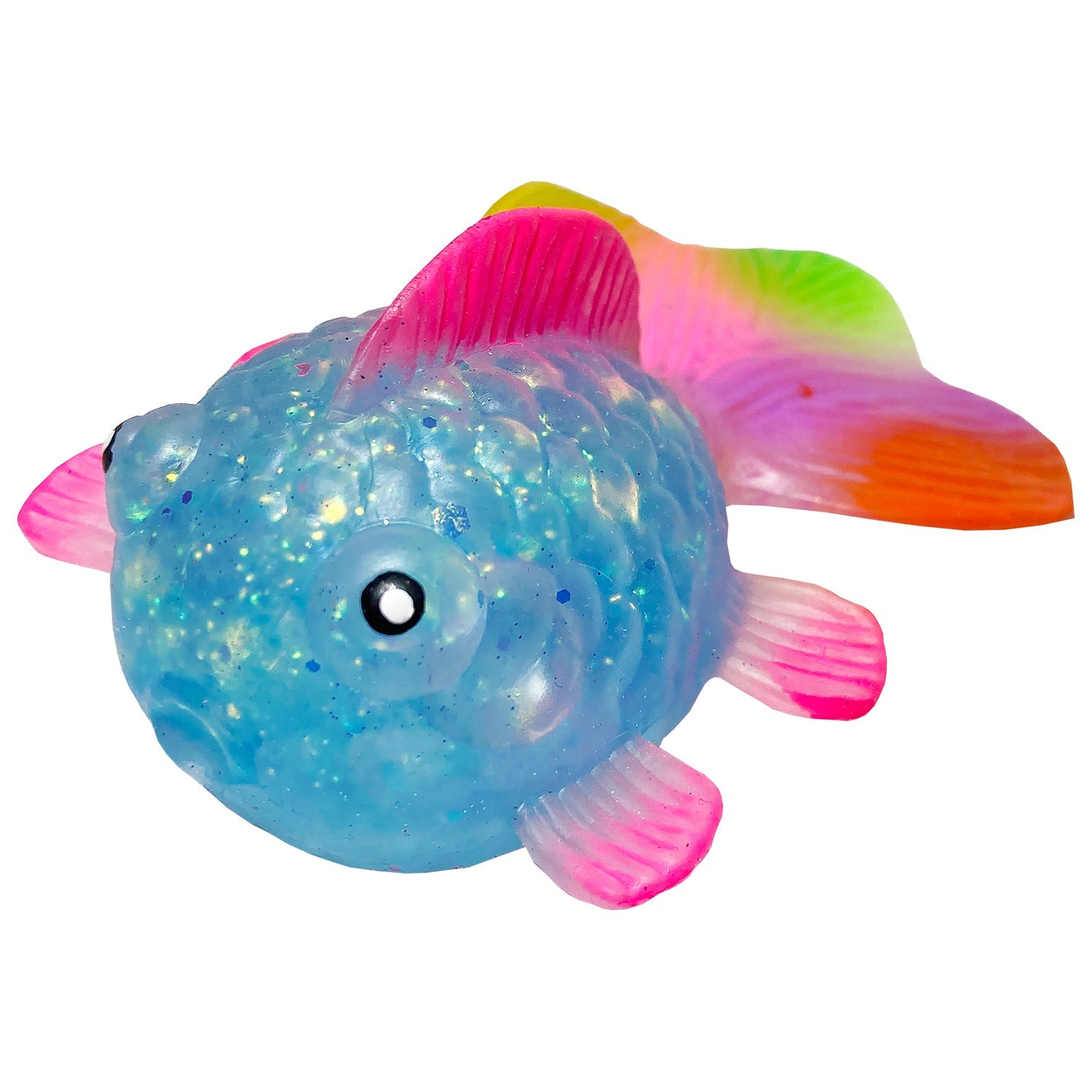 Squishy goldfish toy made of pectin with a translucent yellow color and realistic fish silhouette.