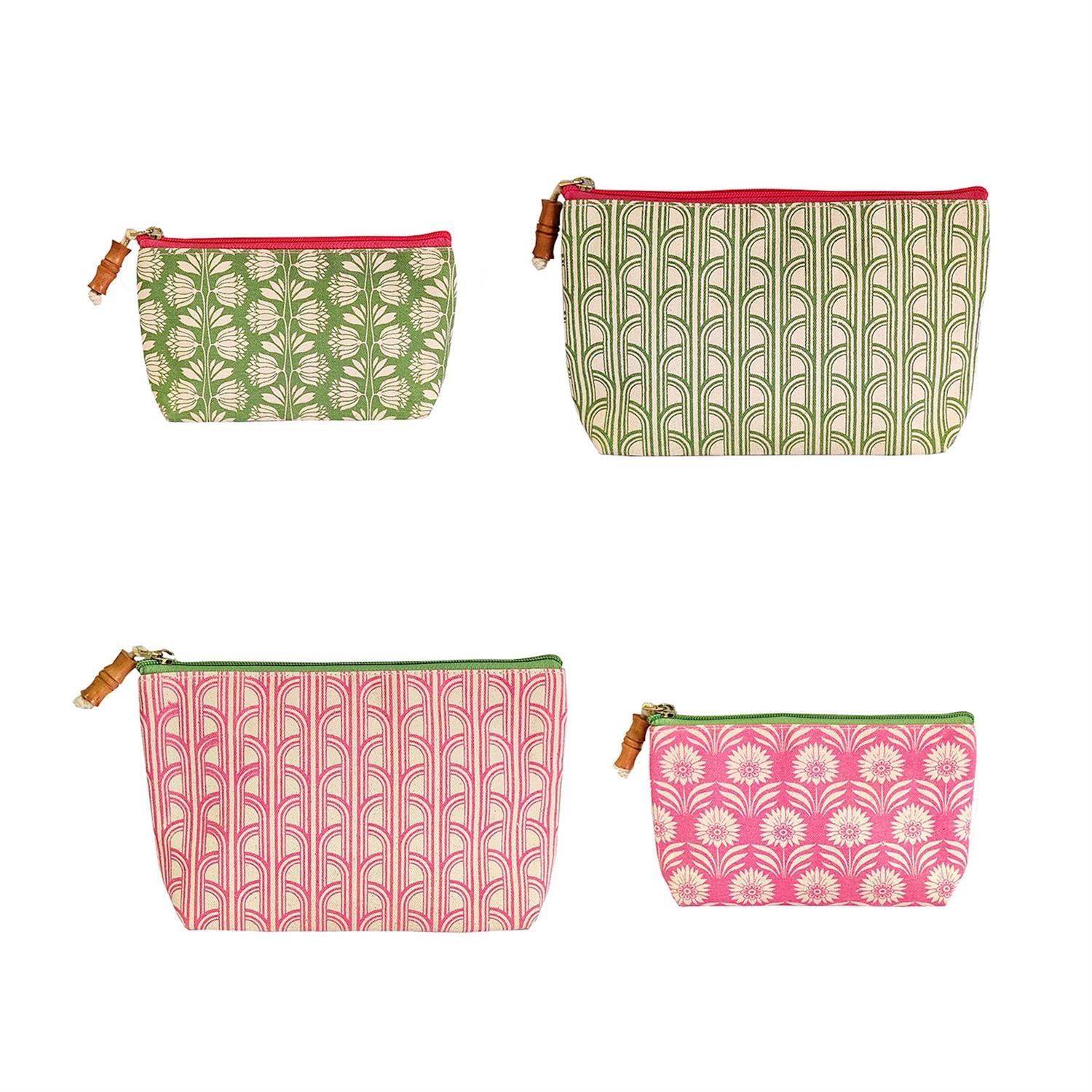 Cotton pouch with palm leaf print featuring a wood pull closure.