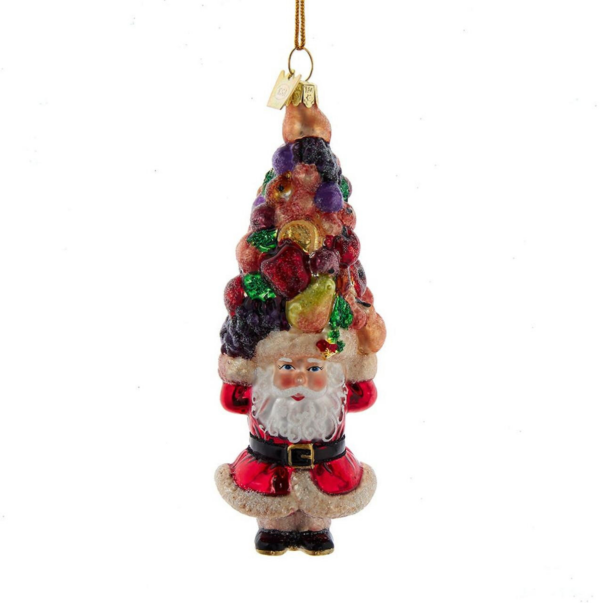 Noble Gems glass Santa ornament carrying a tall, colorful stack of assorted fruits on his head.