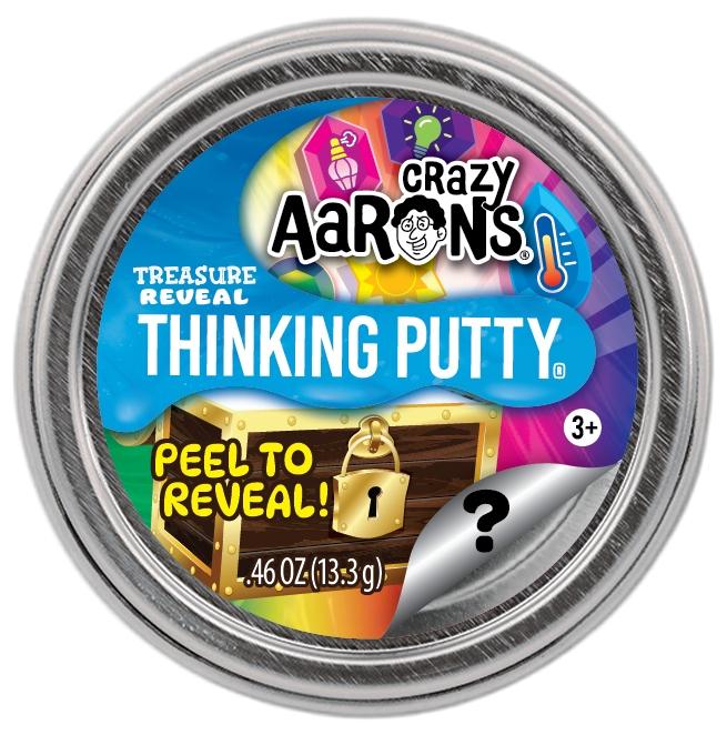 Crazy Aaron's Treasure Reveal Thinking Putty tin with a treasure chest and peel-to-reveal sticker.