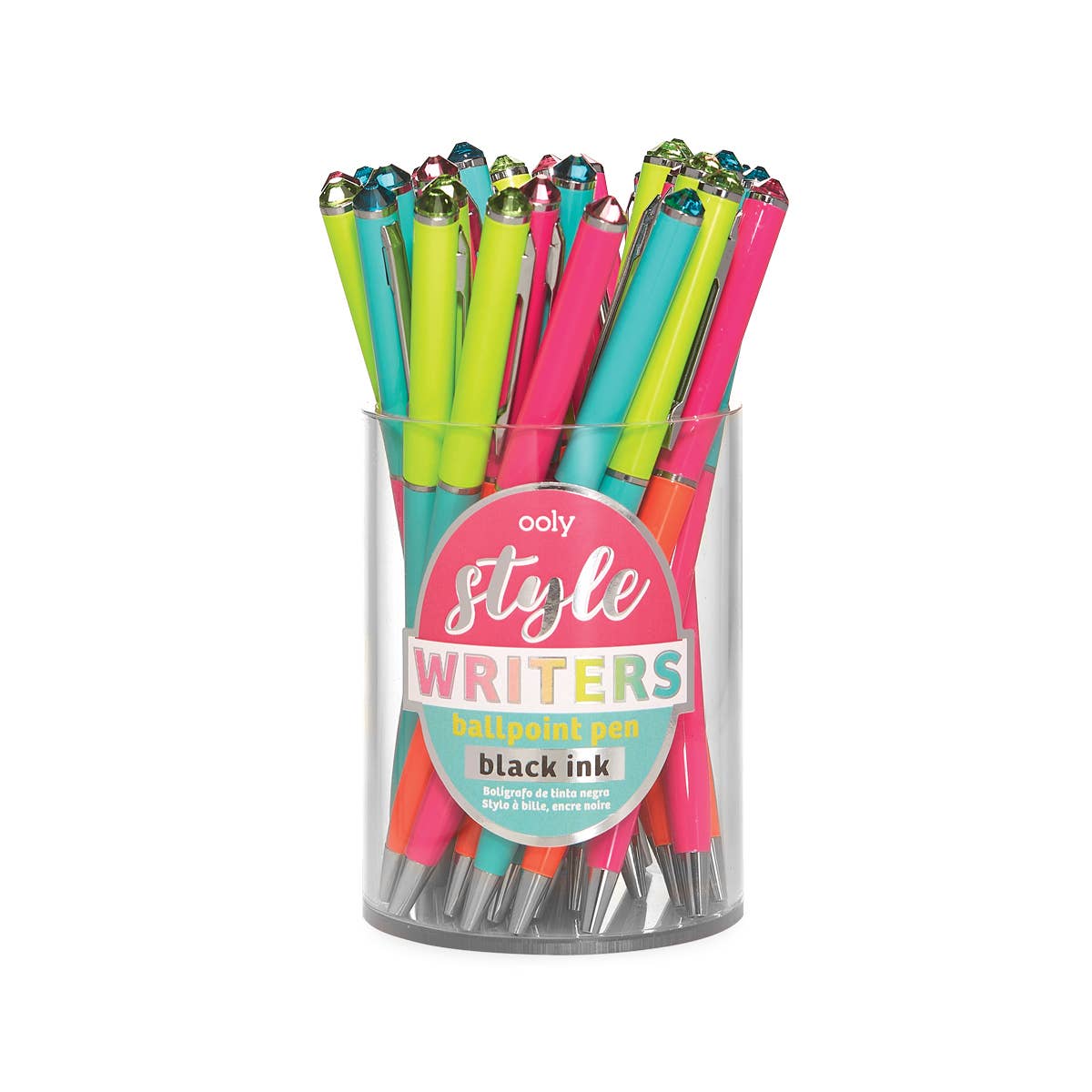 Tub containing thirty black stainless steel ballpoint pens with neon barrels and gem tops.