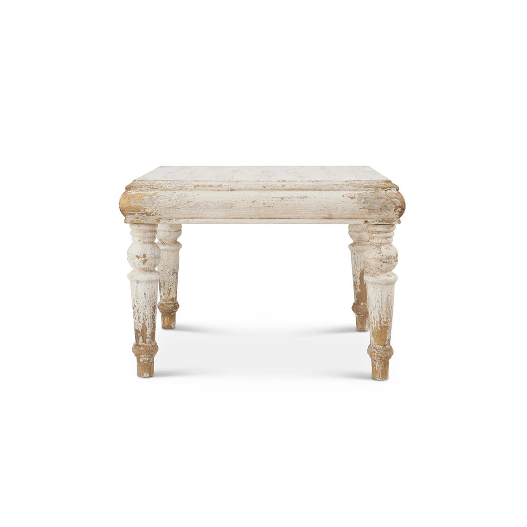 Distressed whitewashed fir wood table with gold accents