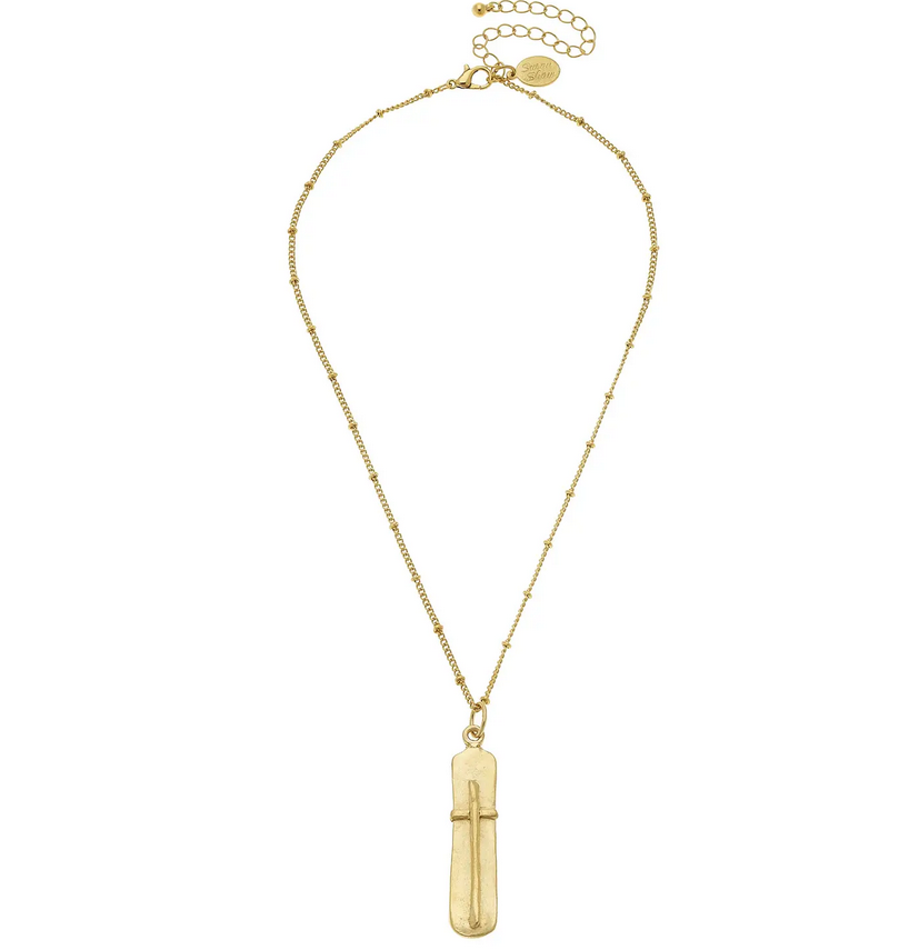 Handcast Gold Bar With Cross Chain Necklace