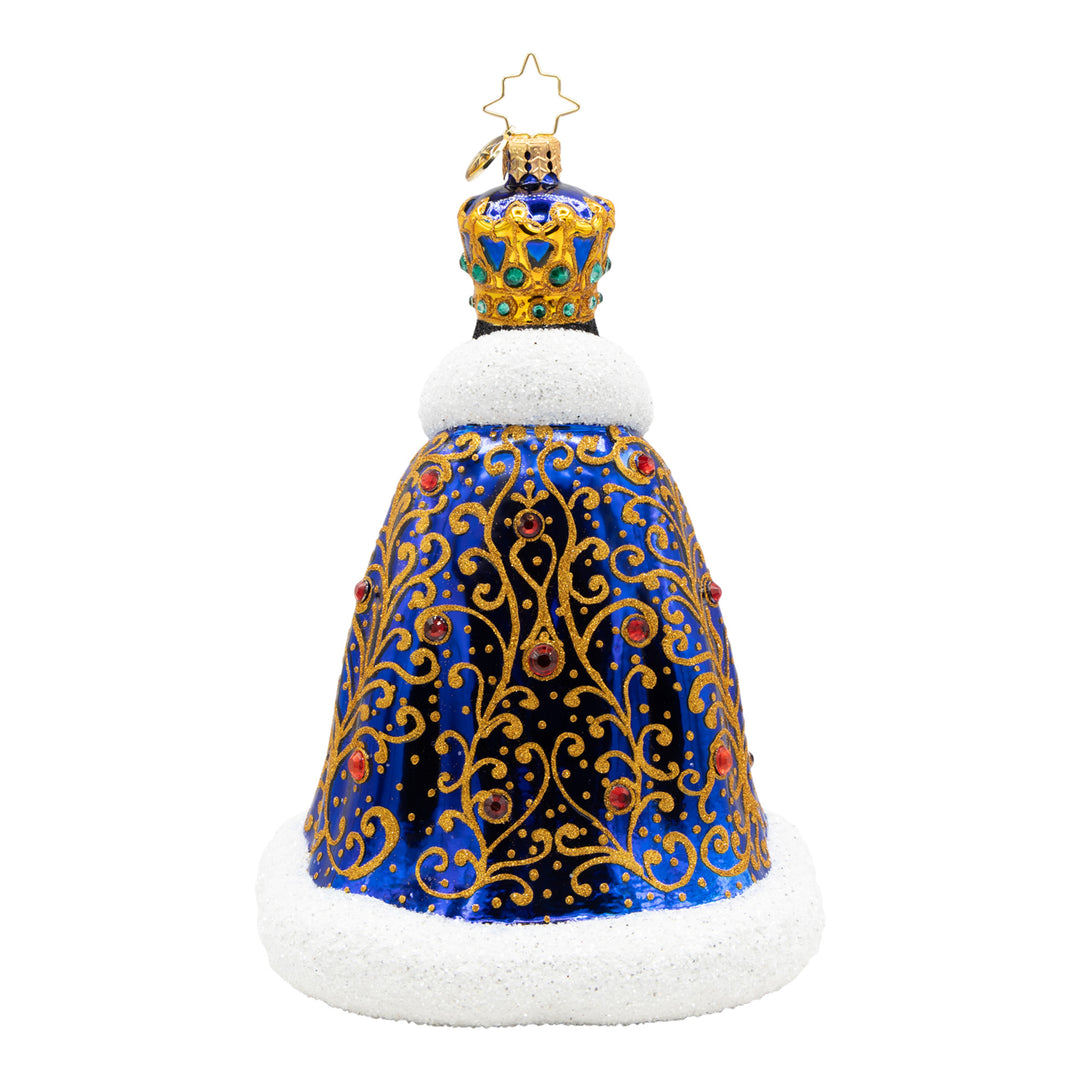 Emperor of the North penguin ornament in a sapphire cloak with gold flourishes and a crown.