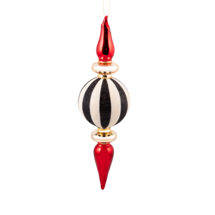 Black and white striped finial glass ornament with red tips and gold accents.