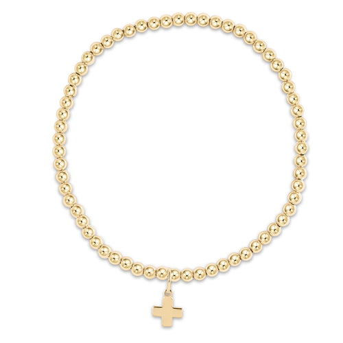 Classic gold bracelet featuring 3mm beads and an 8mm signature cross charm on a standard chain.