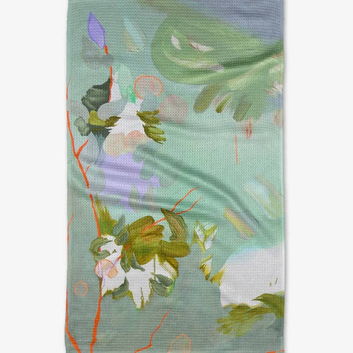 Recycled polyester waffle weave kitchen tea towel with single-sided print.