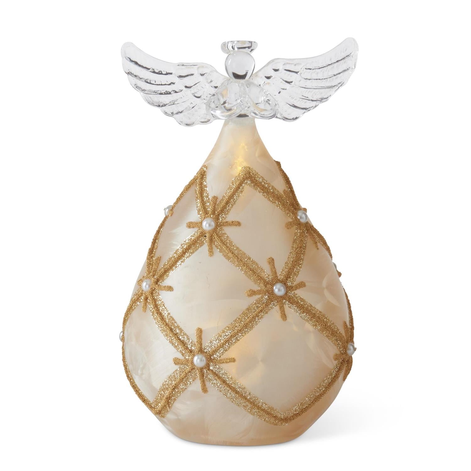 Gold glass angel figurine with pearl accents in a praying pose featuring an LED light and timer.