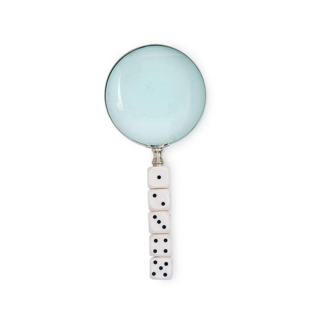 Magnifying glass with a handle made of five stacked white dice showing pips one through five.