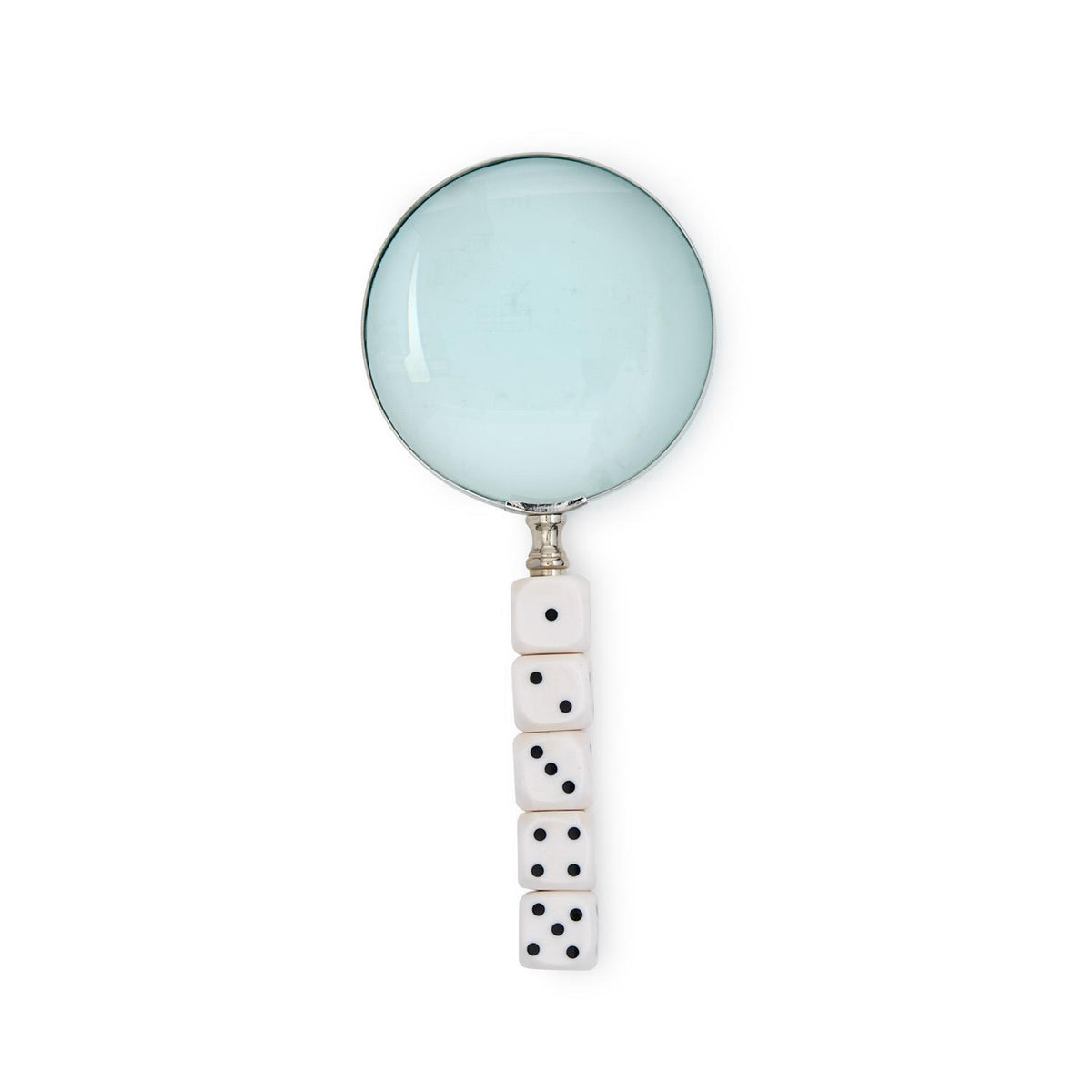 Magnifying glass with a handle made of five stacked white dice showing pips one through five.