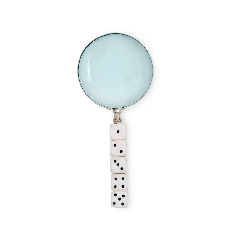 Magnifying glass with a handle made of five stacked white dice showing pips one through five.
