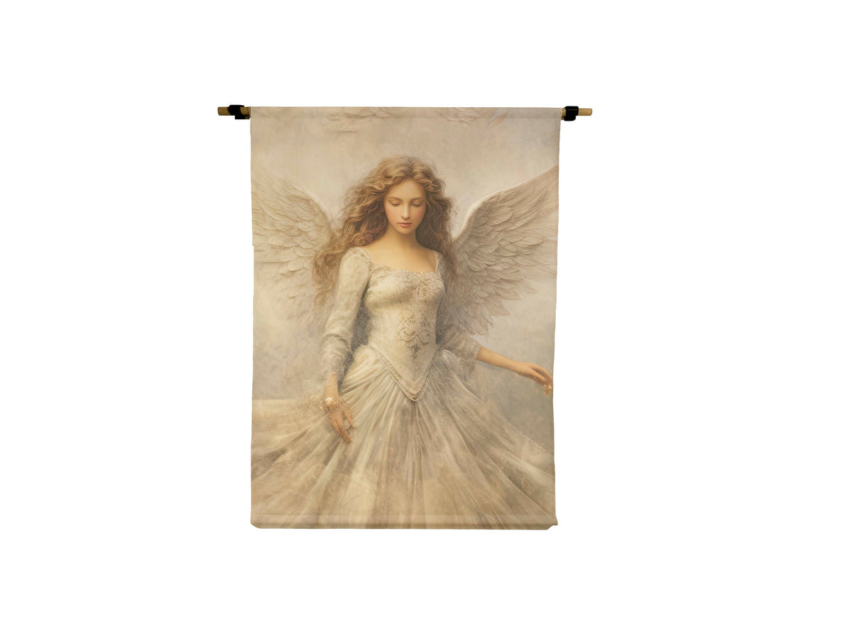 Canvas scroll featuring a serene angel with large wings in a flowing white gown.