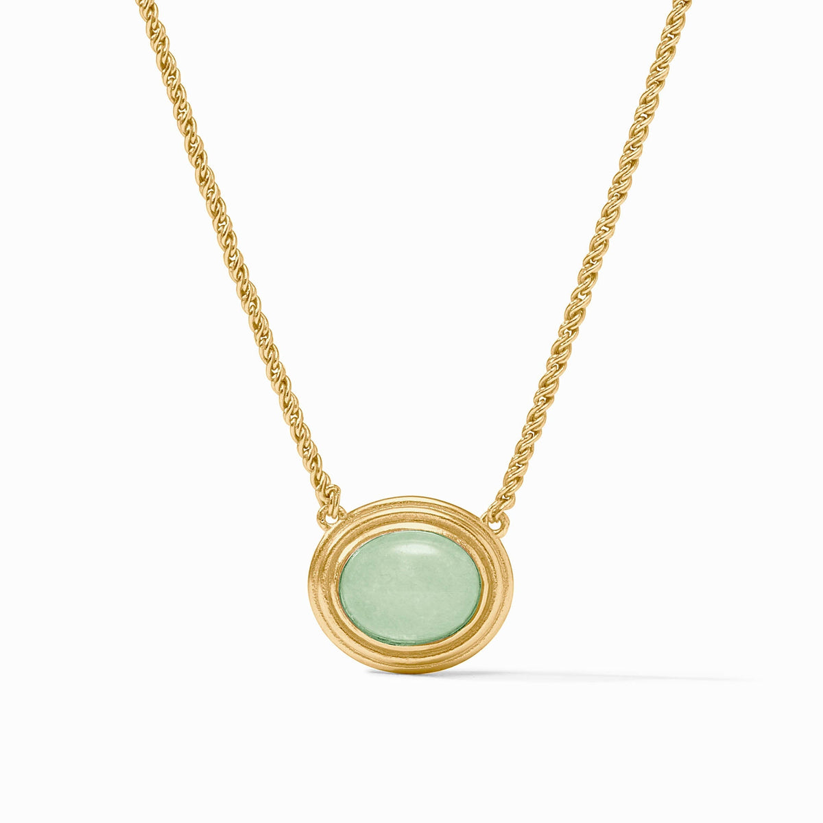 Adjustable Portofino solitaire necklace featuring a jade pendant on 24K gold plate chain with lobster clasp.