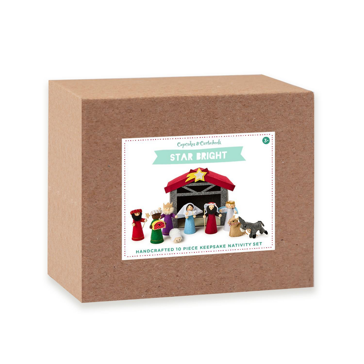 Handcrafted 10-piece felt nativity set in a brown box with a stable and colorful figurines.