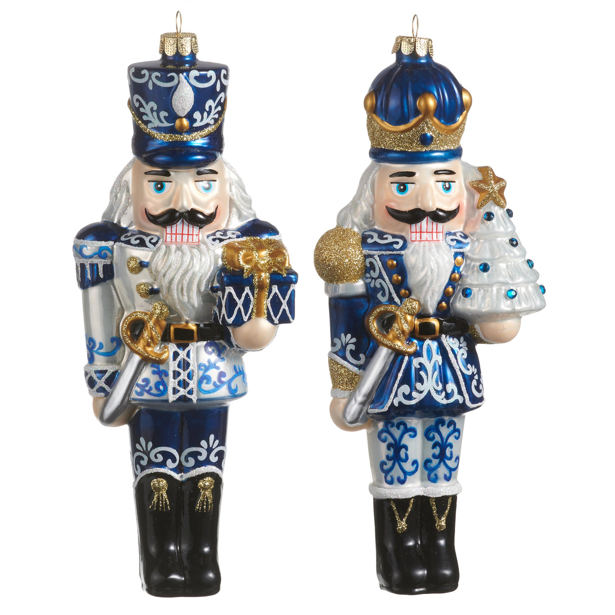 Two 8.25-inch glass nutcracker ornaments in blue and white chinoiserie patterns with gold accents.