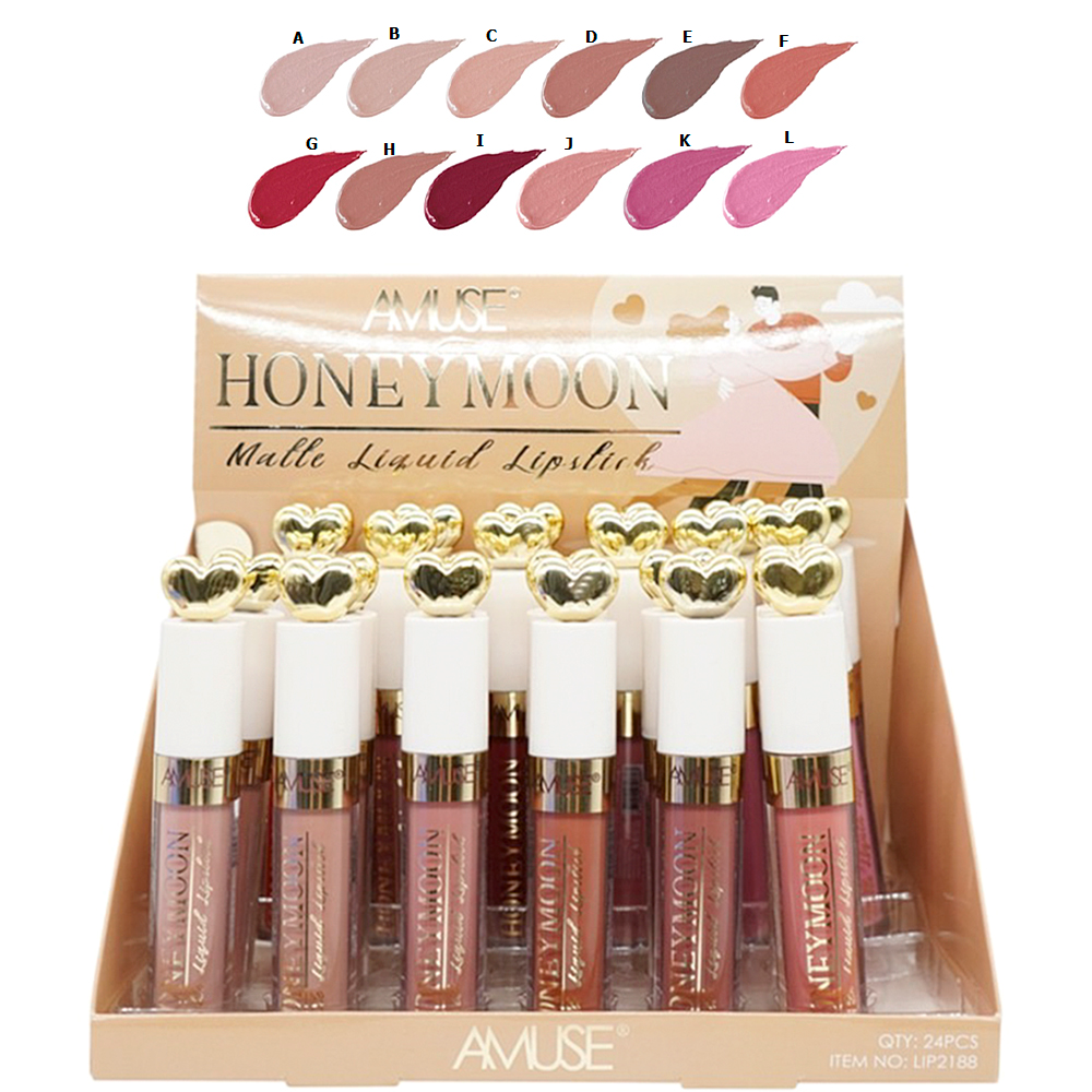 Amuse Honeymoon Matte Liquid Lipstick in a sleek tube with bold red color.