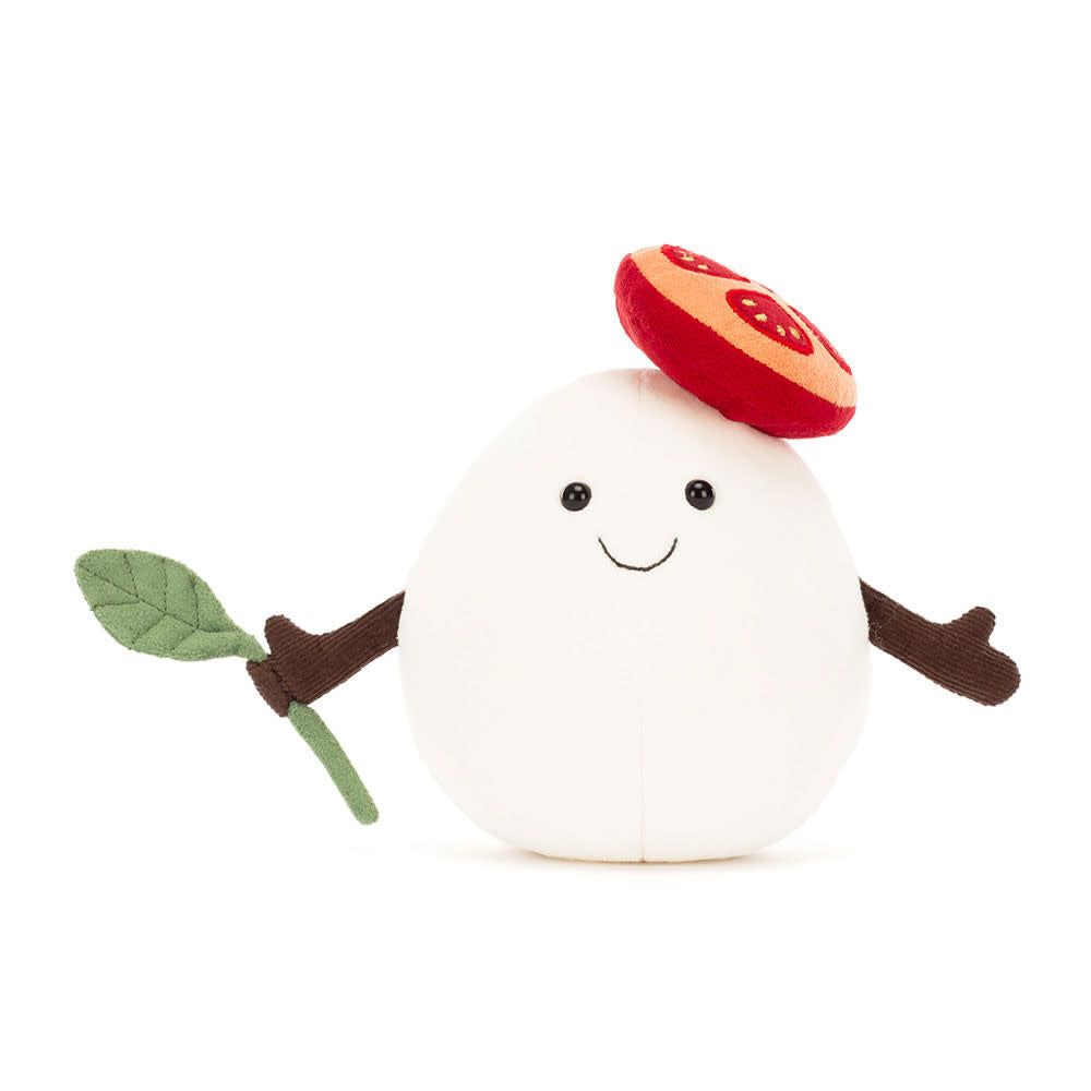 Amuseables Mozzarella plush toy shaped like a mozzarella cheese wheel with white polyester fabric and brown eyes.