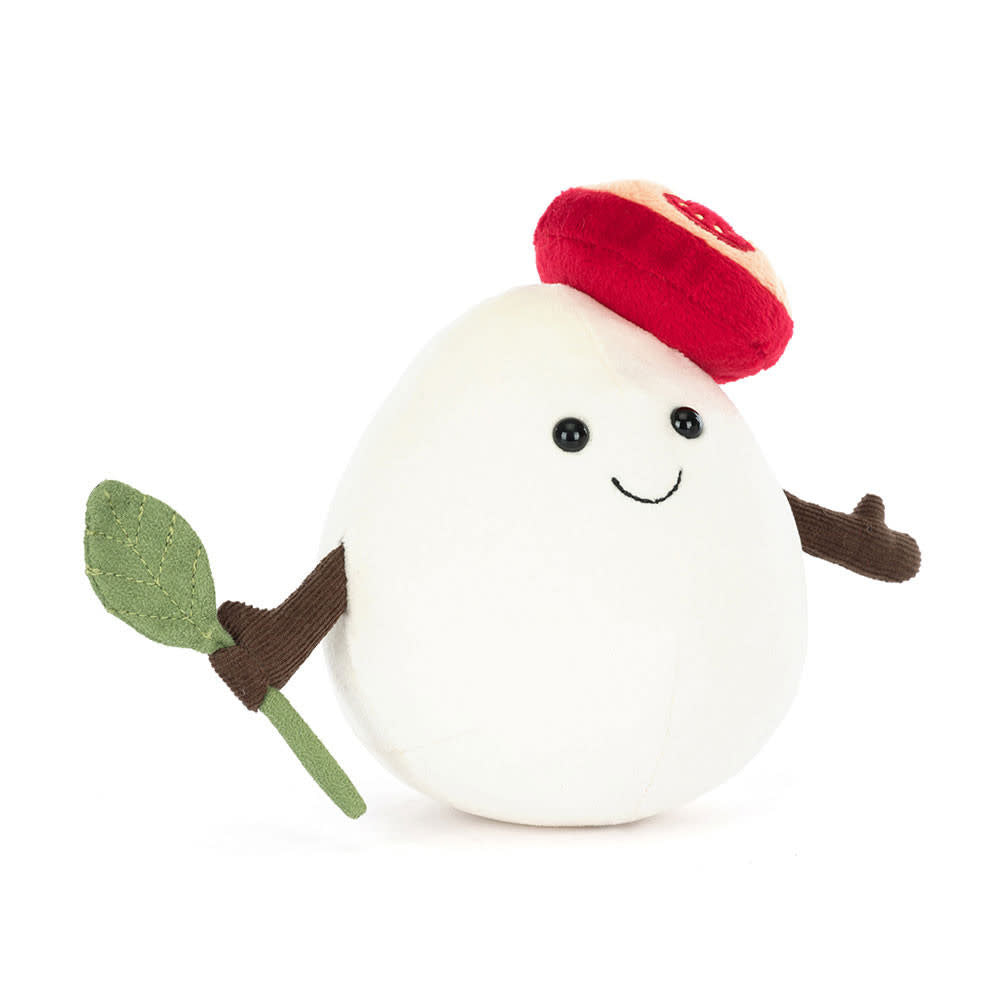 Amuseables Mozzarella plush toy shaped like a mozzarella cheese wheel with white polyester fabric and brown rind details.
