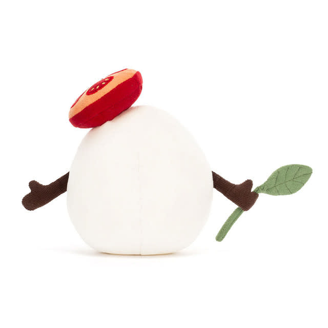 Amuseables Mozzarella plush toy with polyester fabric in white mozzarella cheese pattern and a smiling face silhouette.