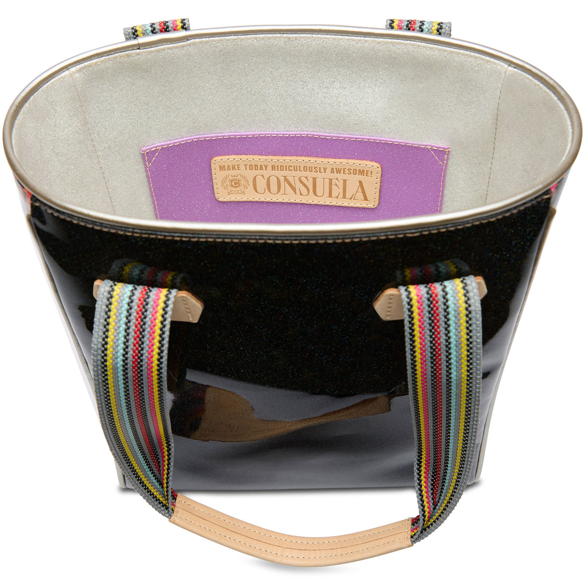 Black glitter Mariana Chica tote with ivory interior pockets and natural leather trim