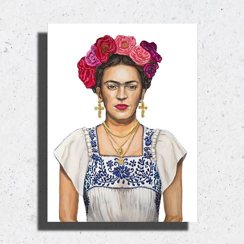 Frida Kahlo portrait painting with floral crown, gold cross earrings, and embroidered dress.