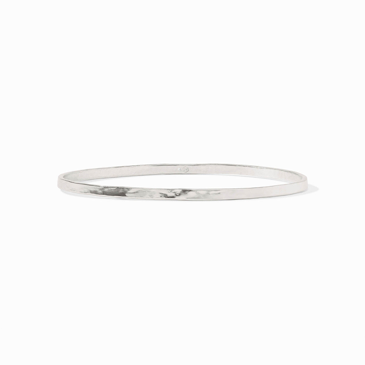 Thin silver Crescent Bangle with a hammered texture finish on a white background.