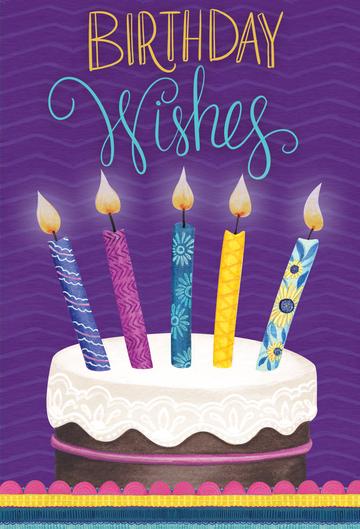 Birthday Wishes greeting card with a cake and five colorful candles on a purple background.
