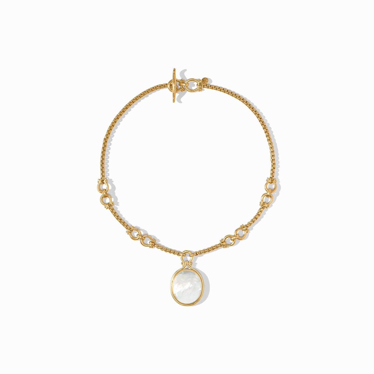 Saratoga Statement Necklace in 24K gold plate with a toggle clasp and oval mother of pearl pendant.