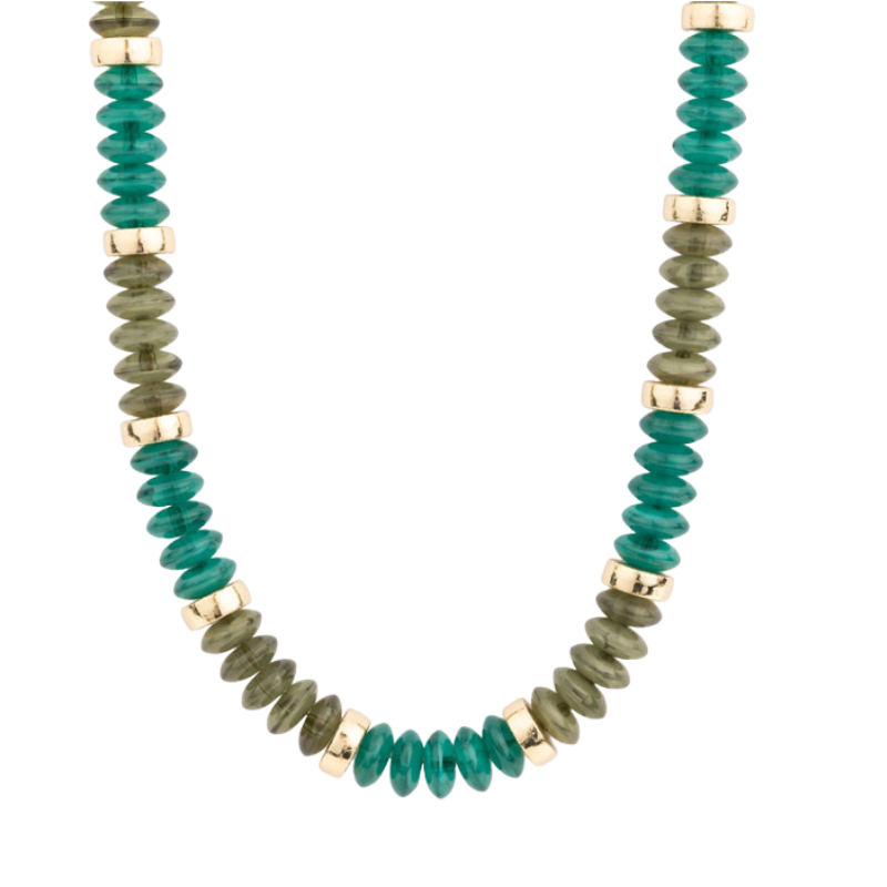 Jules Necklace featuring alternating green and olive disc beads with gold-toned metal spacers.