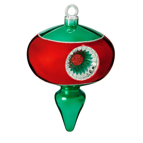 9.5-inch red and green plastic reflector finial ornament with silver glitter accents.