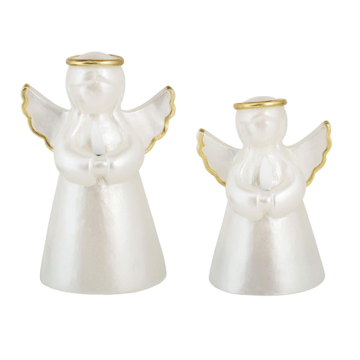 Hand-painted white wax angel candle with faux flame effect.