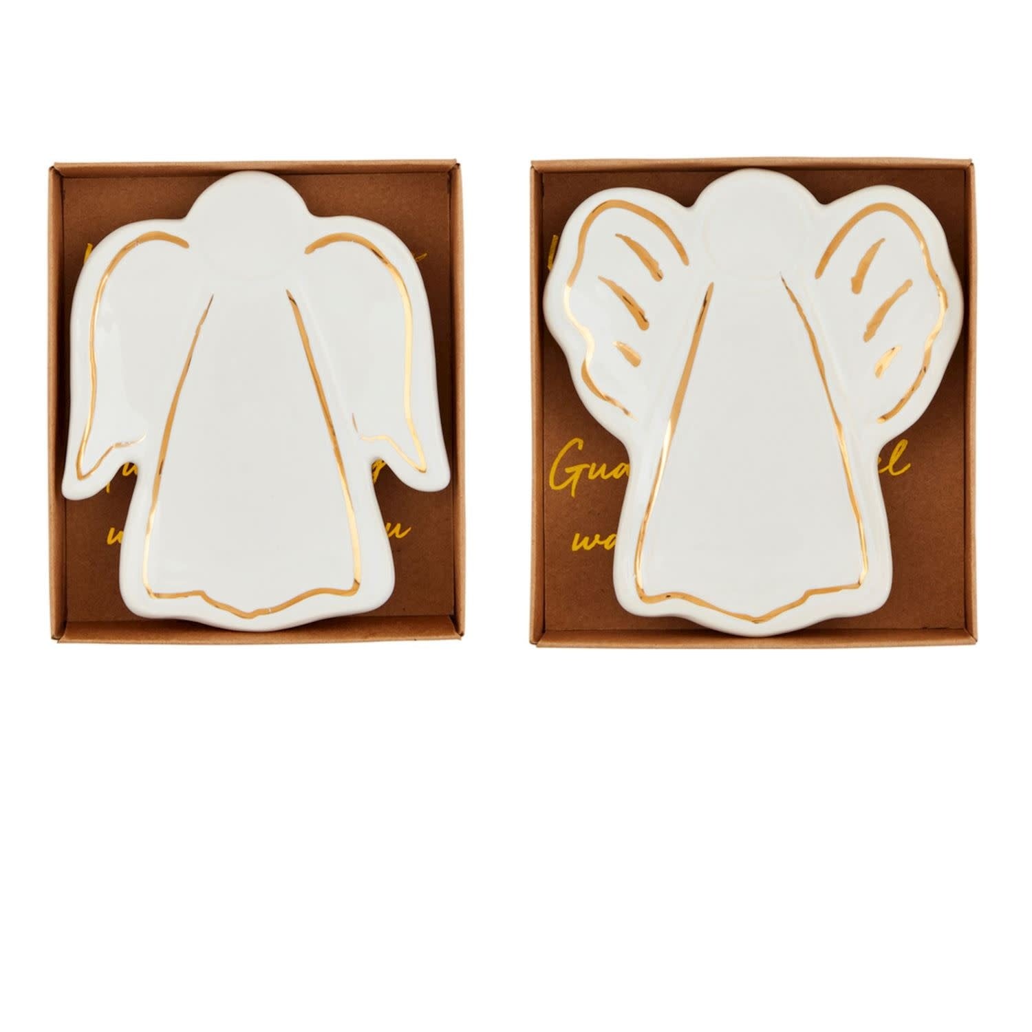 Hand-painted white stoneware angel-shaped dish with an electroplate rim