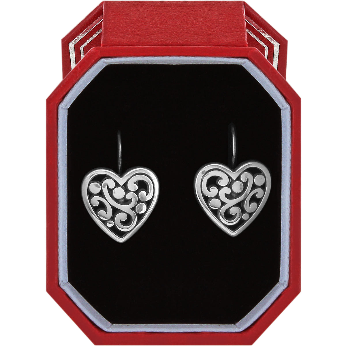 Silver plated Contempo Heart leverback earrings with filigree design in a red gift box.