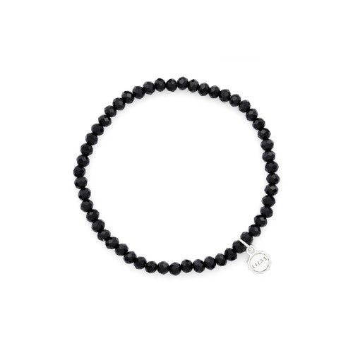 Stretchy beaded bracelet with faceted glass beads in a colorful pattern.