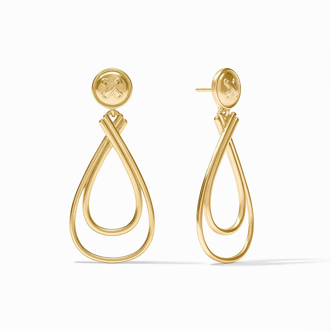Gold Essex Earrings featuring a button stud and double teardrop wire dangles.