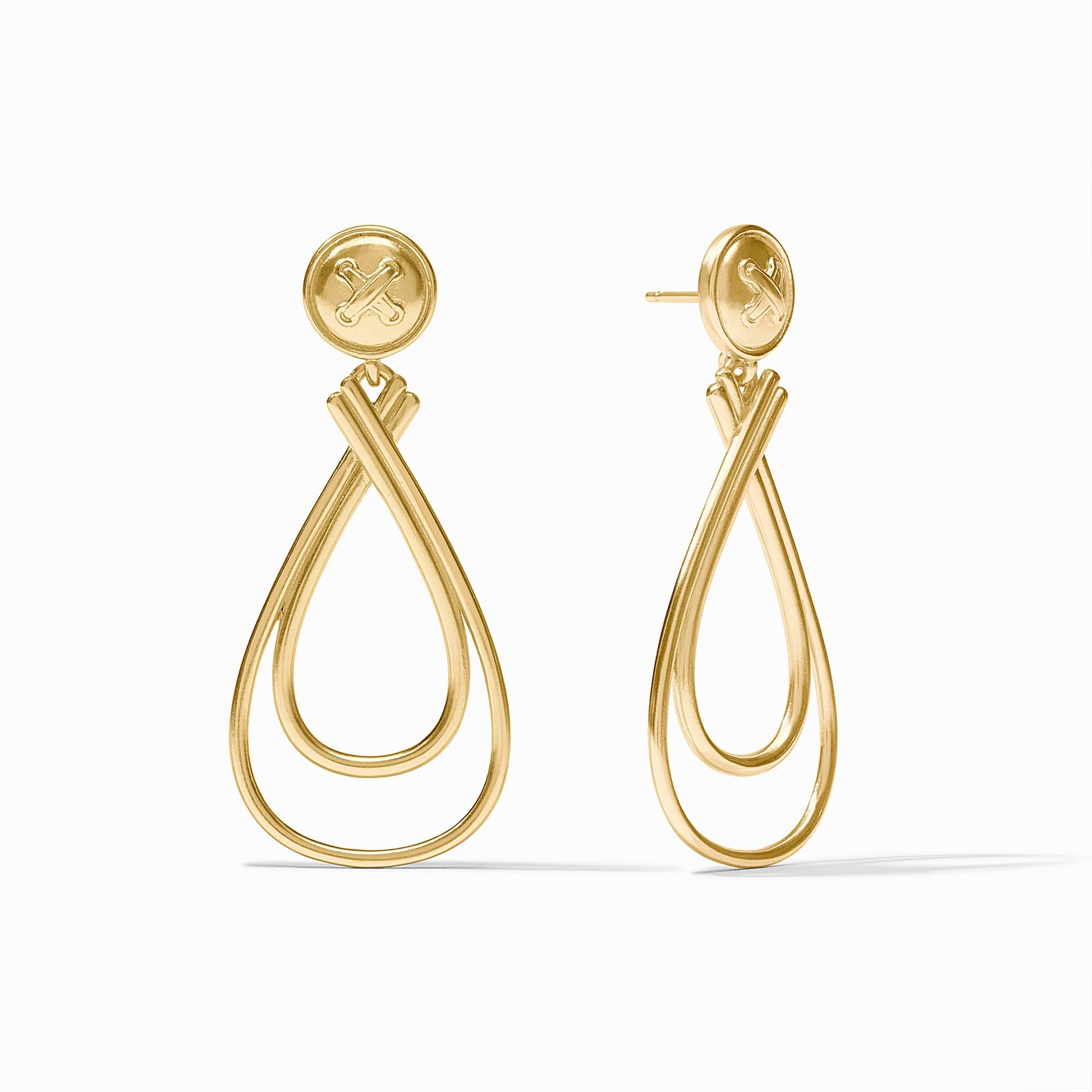 Gold Essex Earrings featuring a button stud and double teardrop wire dangles.