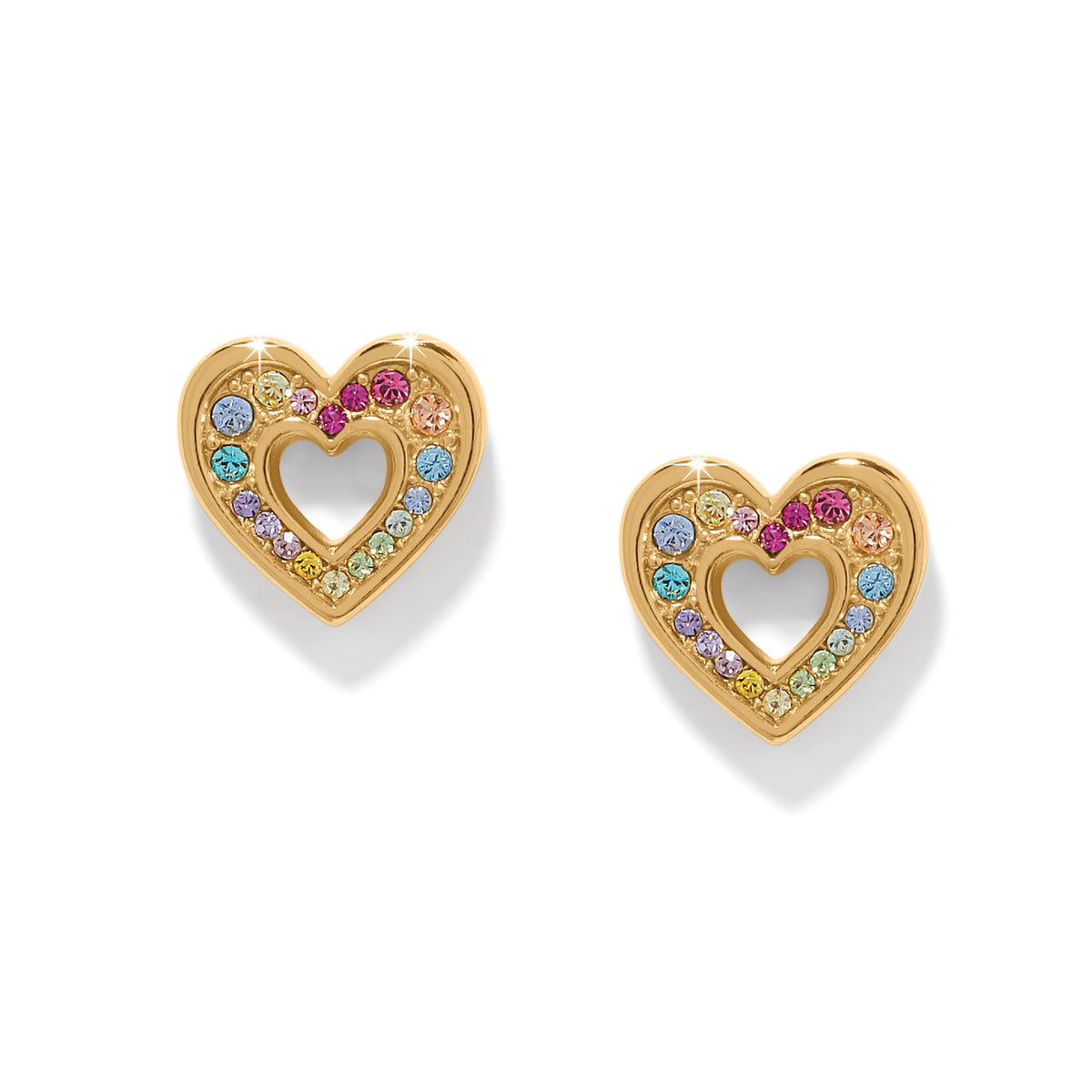 Gold-plated post earrings with flat disc backs featuring multi-colored fine quality crystals in a heart silhouette.